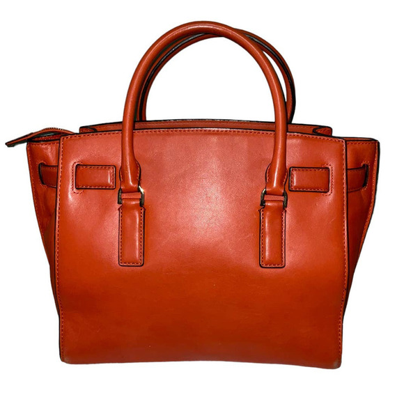 MICHAEL KORS HAMILTON TRAVELER GENUINE LEATHER SATCHEL/ SHOULDER BAG ORANGE - Picture 3 of 15